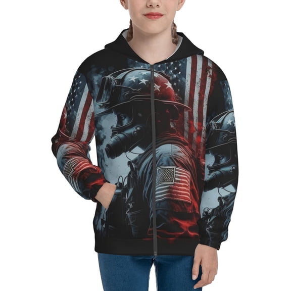 Boys Girls Full Zip Hoodies Kids Zipper Hooded Sweatshirt, Fireman American Flag