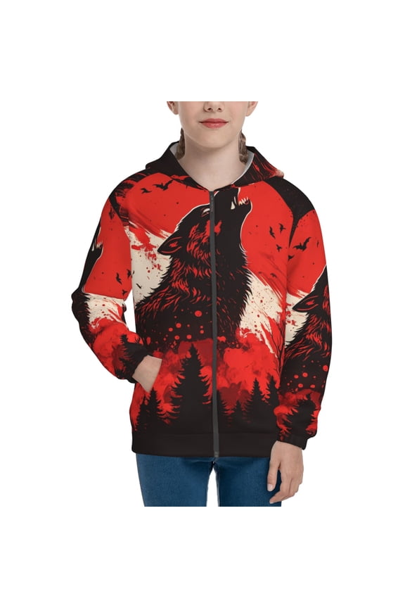 Boys Girls Full Zip Hoodies Kids Zipper Hooded Sweatshirt, Howling Wolf Blood Red Moon Cool