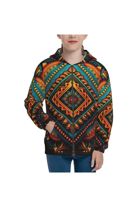 Boys Girls Full Zip Hoodies Kids Zipper Hooded Sweatshirt, Indian Tribal Ethnic Native