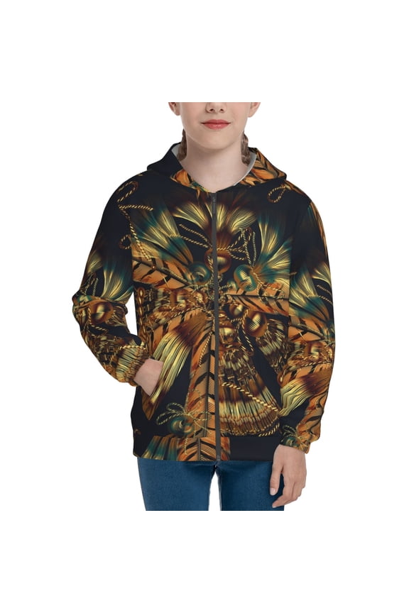 Boys Girls Full Zip Hoodies Kids Zipper Hooded Sweatshirt, Native Indian Feathers Ethnic Tassles