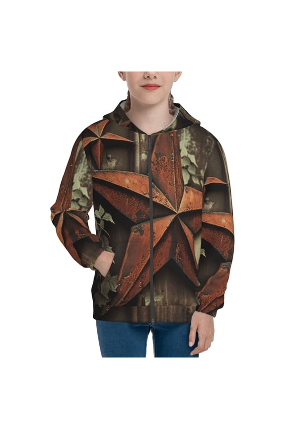 Boys Girls Full Zip Hoodies Kids Zipper Hooded Sweatshirt, Vintage Rusty Stars Primitive Country Rustic