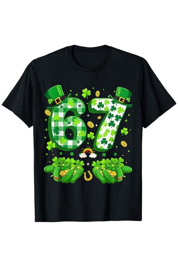 Boys Girls Funny Six Seven 67 Meme Shamrocks St Patrick's Day 6-7 T-Shirt, T-Shirt for Kids Youth, 180gsm, 100% Cotton