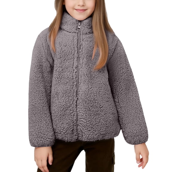 Boys Girls Fuzzy Jacket, Soft Sherpa Lined Hooded Coat with Zipper, Warm Winter Outerwear for TOoddler to Youth, Playground & Daily Wear A11-Gray 120