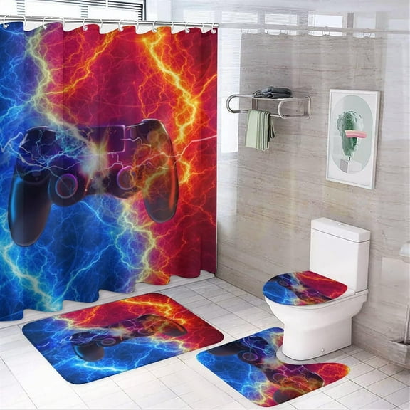 Boys Girls Gamer 4 Piece Shower Curtain Sets, Non-Slip Rugs, Toilet Lid Cover and Bath Mat, Durable and Waterproof, for Bathroom Decor Set One Size
