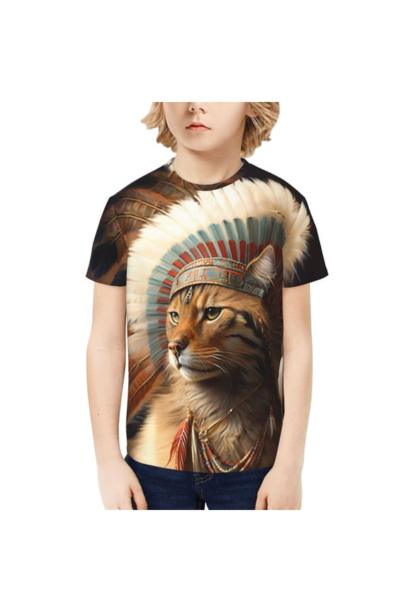 Boys Girls Graphic Shirts T-Shirt Unisex Short Sleeve Top Tees, Chief Cat Native American Indians