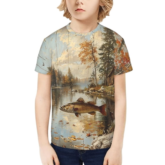 Boys Girls Graphic Shirts T-Shirt Unisex Short Sleeve Top Tees, Hunting Cabin Fish Leaf Fishing Vintage