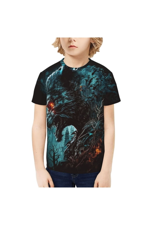 Boys Girls Graphic Shirts T-Shirt Unisex Short Sleeve Top Tees, Werewolf Howling Night Cool Wolf
