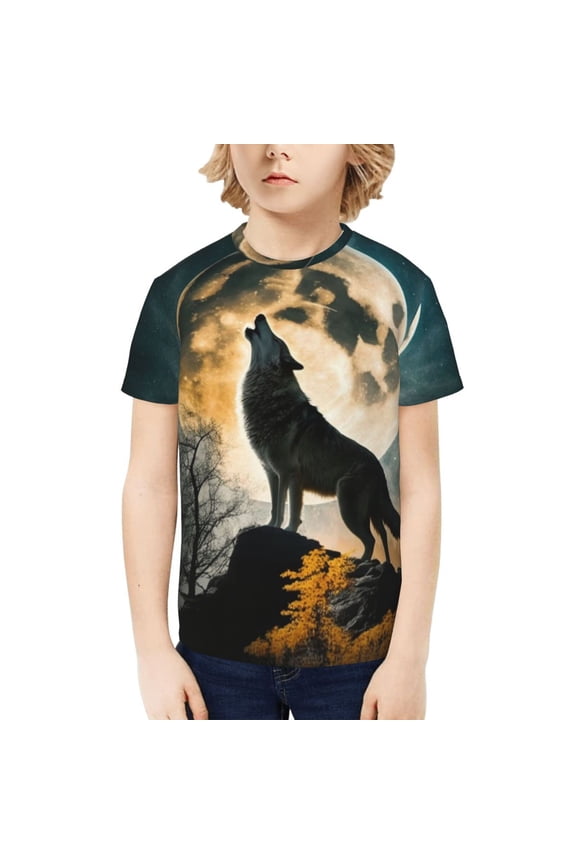 Boys Girls Graphic Shirts T-Shirt Unisex Short Sleeve Top Tees, Wolf Full Moon Howling