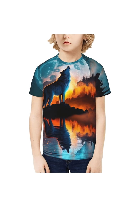 Boys Girls Graphic Shirts T-Shirt Unisex Short Sleeve Top Tees, Wolf Howling Night Moon River