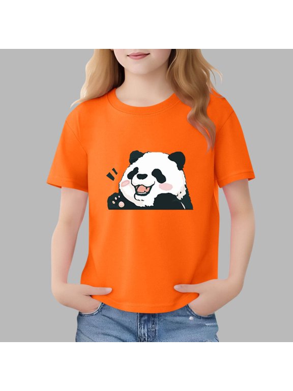Boys Girls Graphic Short Sleeve Top - Panda Print Soft Breathable Tee Orange 5-6 Years