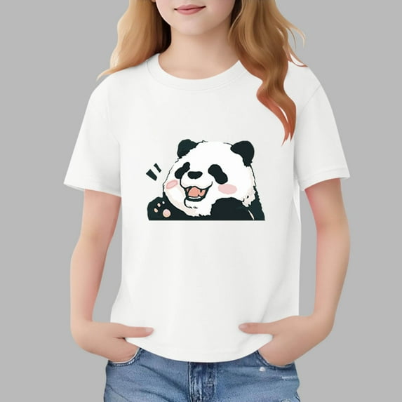 Boys Girls Graphic Short Sleeve Top - Panda Print Soft Breathable Tee White 7-8 Years