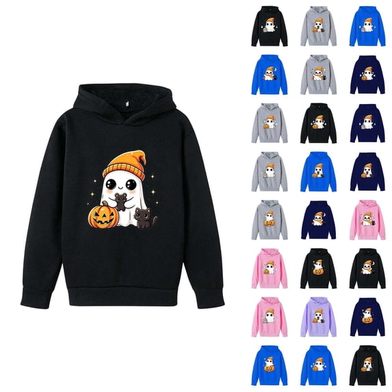 Boys Girls Halloween Hoodie Long Sleeve Casual Cute Ghost Graphic Sweatshirt Pullover Tops 3-14 Years