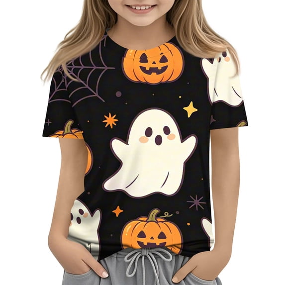 Boys Girls Halloween Short Sleeve Shirts Funny Ghost Pumpkin T-Shirt Cute Halloween Top 2-14 Years