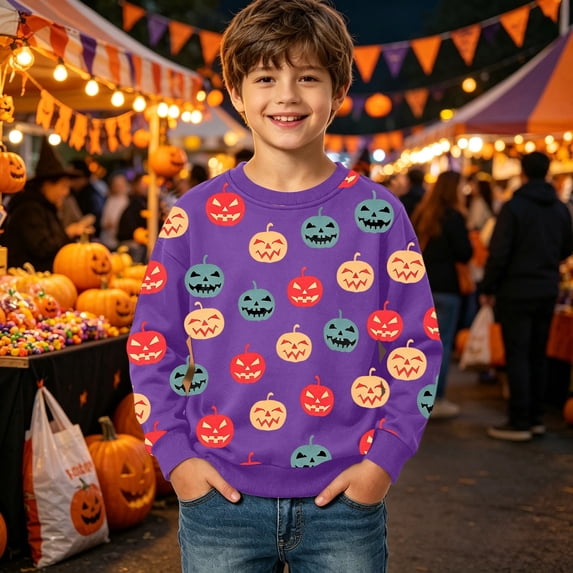 Boys Girls Halloween Sweatshirt All-cut Print Pullover Fall Long Sleeve Crewneck Loose Fit for Casual Wear Purple,3-4 Years