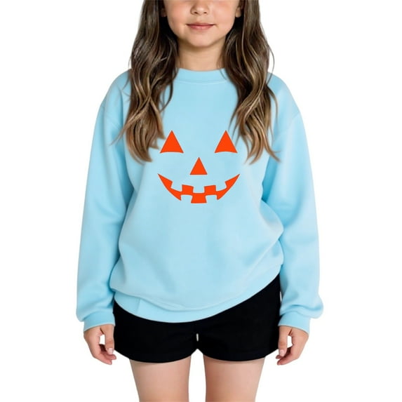 Boys Girls Halloween Sweatshirt Toddler Pumpkin Face Long Sleeve Shirt Kids Skeleton Top Clothes 2-7T 07-Sky Blue 130