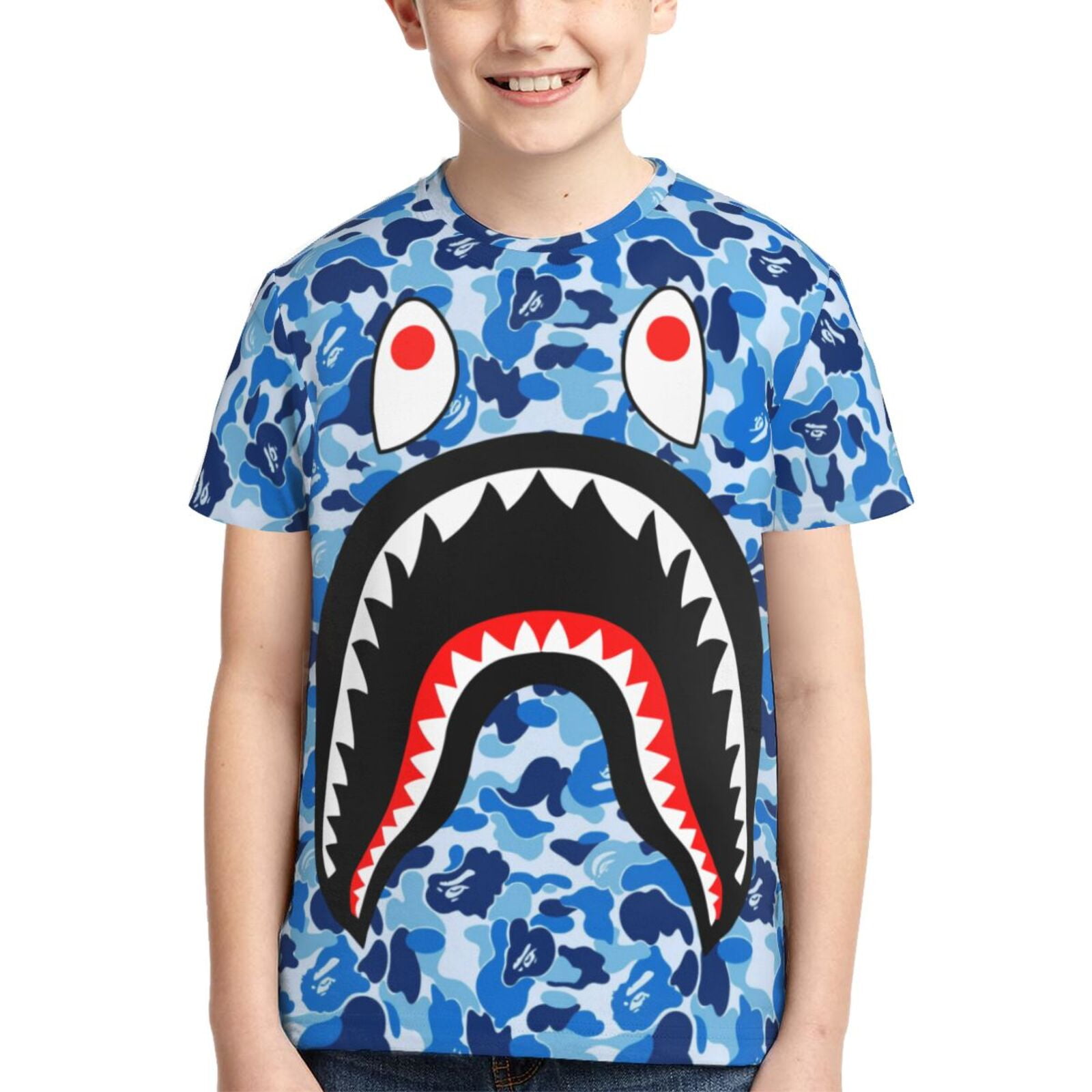 Boys Girls Hip Hop Camouflage Bape Shark Shirts 3D Printed Short Sleeve ...