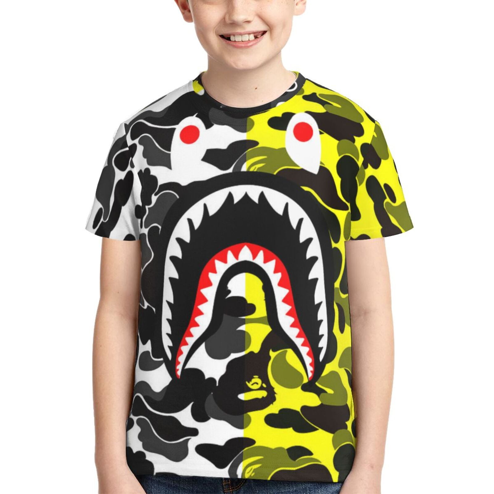 Boys Girls Hip Hop Camouflage Bape Shark Shirts 3D Printed Short Sleeve ...