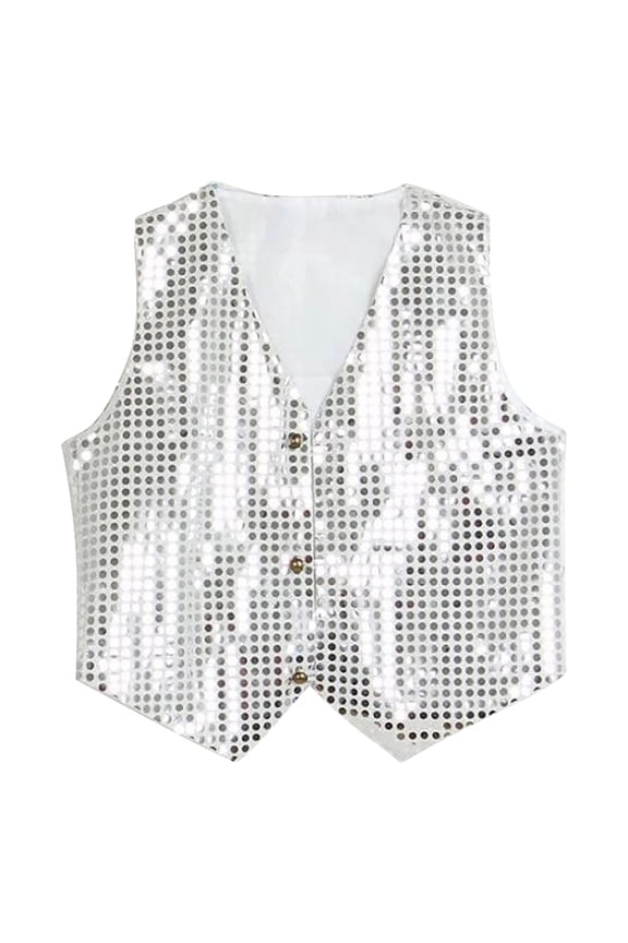 Boys Girls Hip-Hop Jazz Dance Performance Vest, Jazz Dance Costume Vest Shiny Sequins Sleeveless Vest Sleeveless V-Neck Vest Youth Dance Waistcoat Boys Girls Party Vest, White XL