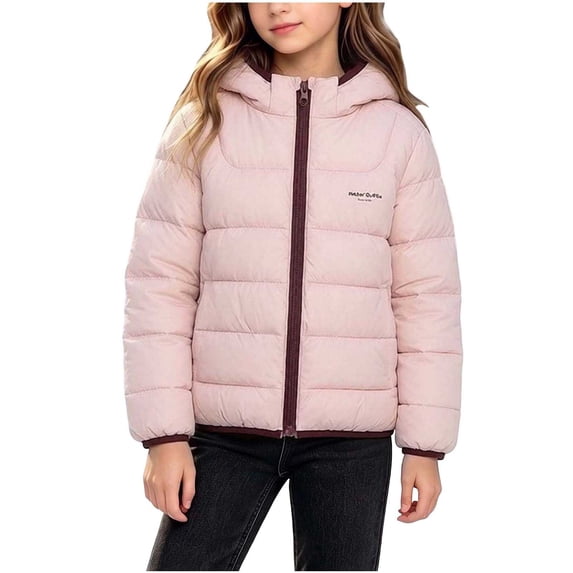 Boys Girls Hooded Cotton Jacket Quilted Down Winter Zip Up Outerwear with Contrast Trim Warm Packable Coat