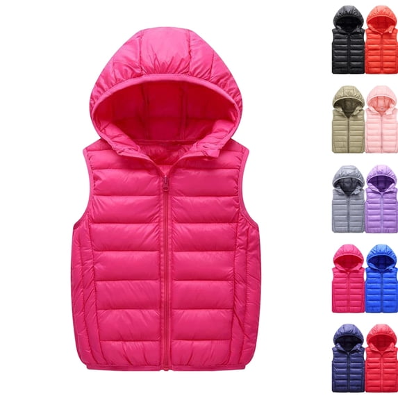 Boys Girls Hooded Puffer Vest,Kids Winter Down Vest, Sleeveless Zipper Jackets Outerwear, Lightweight Warm for Daily Wear,Hot Pink,170