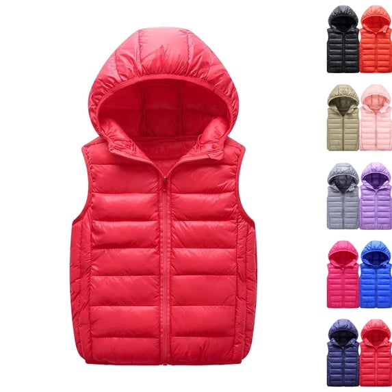 Boys Girls Hooded Puffer Vest,Kids Winter Down Vest, Sleeveless Zipper Jackets Outerwear, Lightweight Warm for Daily Wear,Red,110