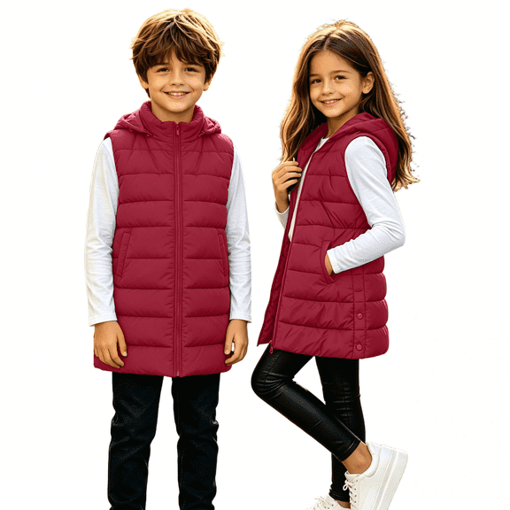 Boys Girls Hooded Puffer Vest Mid Length Quilted Sleeveless Coat Size 10-12