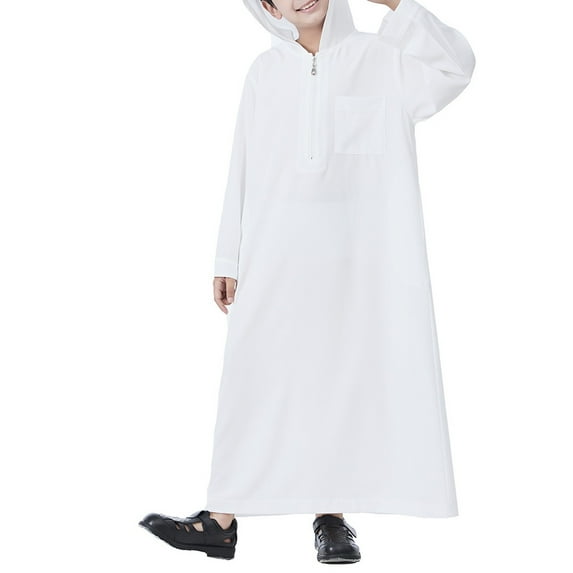 Boys Girls Hooded Robe, Solid Color Muslim Long Sleeve Thobe for Kids, Casual Loose Fit Arab Style Robe Coat for Spring Summer and Autumn Wear White 140