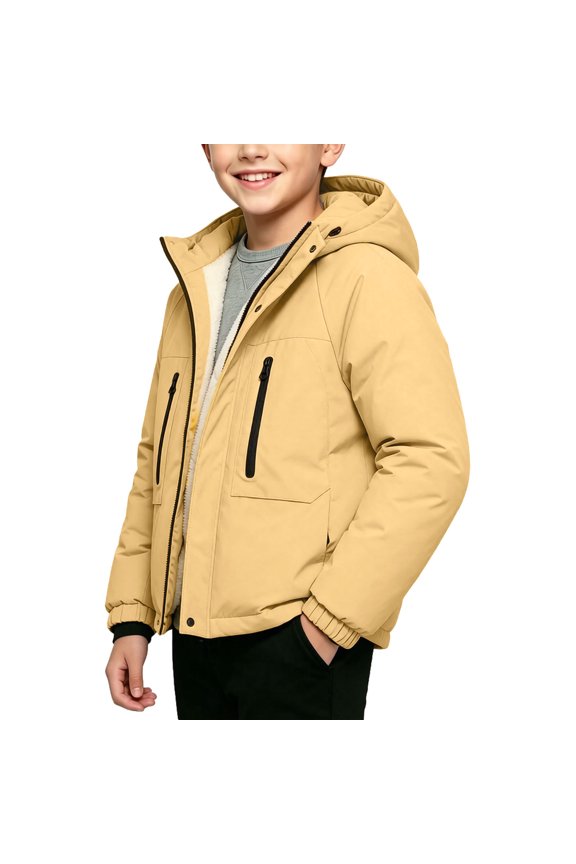 Boys Girls Hooded Windbreaker Jacket, Insulated Waterproof Thick Warm Zip Up Ski Coat with Zipper Pockets for Winter Snow Outdoor Activities Yellow 3-4 Years