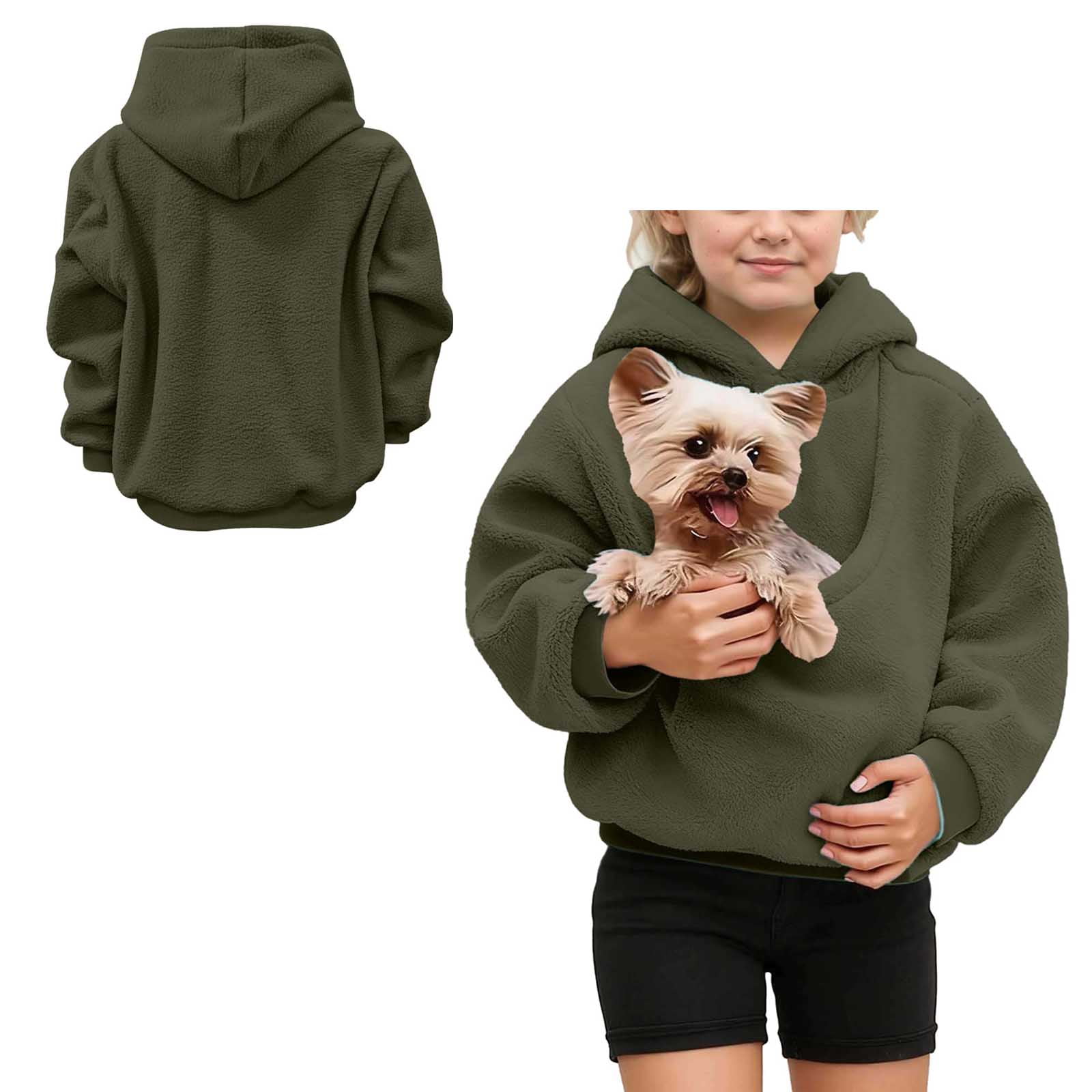 Boys Girls Hoodie with Dog Pouch Fuzzy Dog Carry Hoodie Long Sleeve Top with Pocket Fall Winter Clothes 7-8 Years