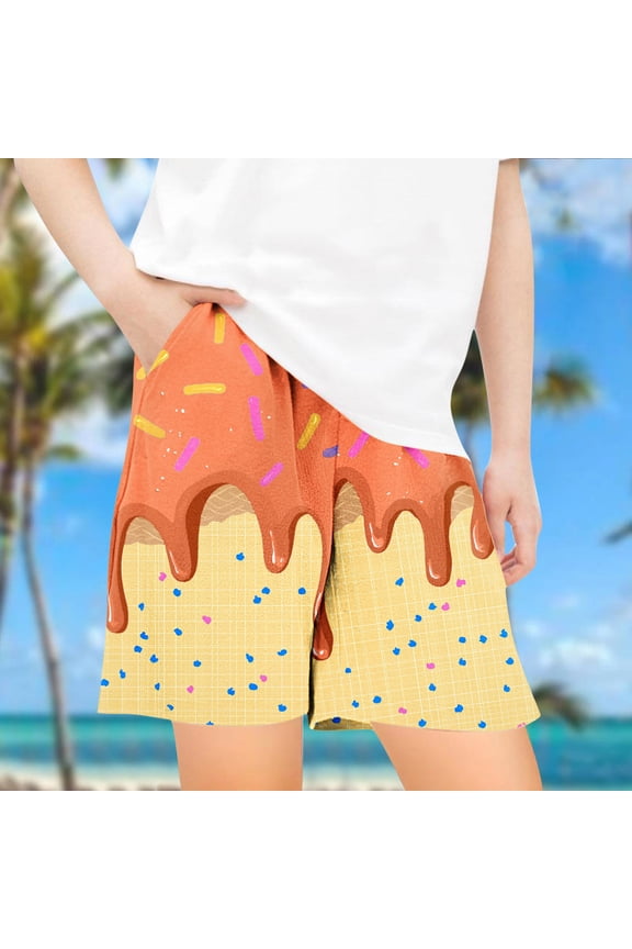 Boys Girls Ice Cream Cake Print Shorts Elastic Waist Pocket Casual Sports Beach Shorts Toddler Kids Loose Shorts