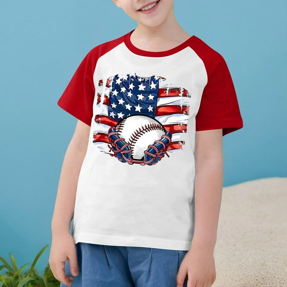 Boys Girls Independence Day Clothes Kids American Flag PrinT-Shirts 4Th Of July Raglan Short Sleeve Casual Tops Red 5-6 Years
