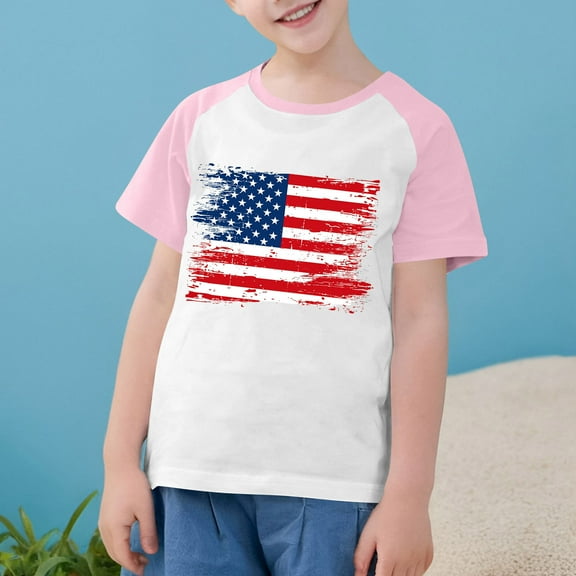 Boys Girls Independence Day Patriotic T-Shirts Trendy USA Flag Star Stripe Graphic Tees Raglan Sleeve Casual Short Sleeve Top Pink 9-10 Years