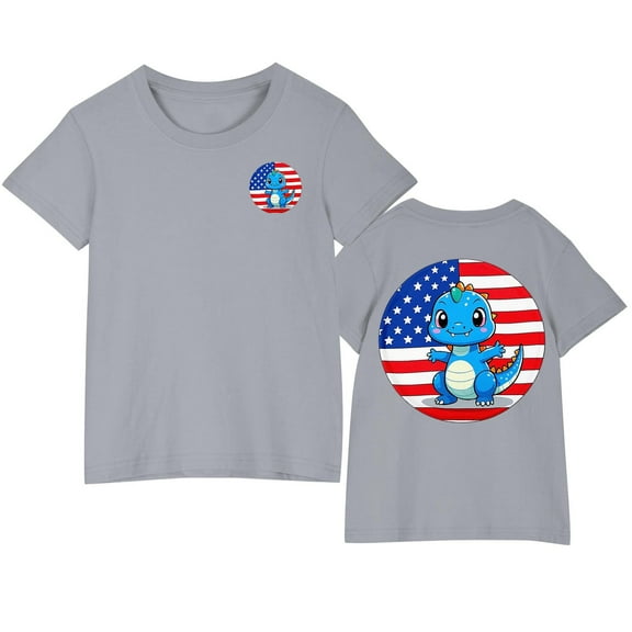 Boys Girls Independence Day Patriotic Tops Kids 4Th Of July Cotton Shirt Casual Round Neck Short Sleeve Tees Gray 3-4 Years