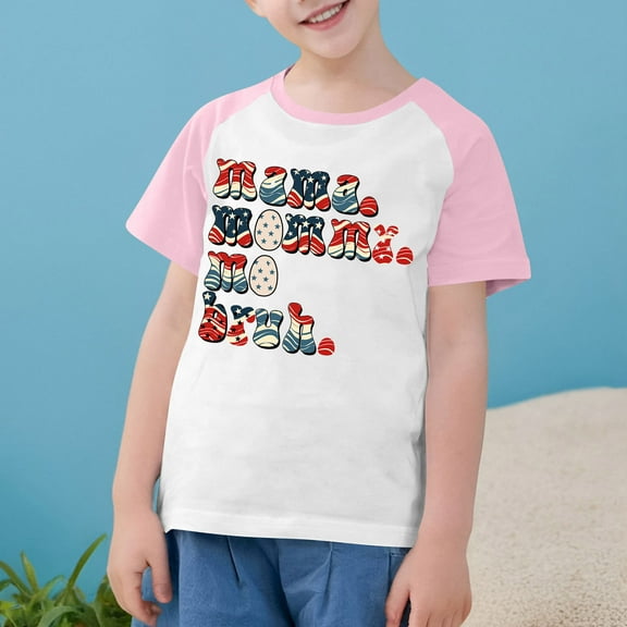 Boys Girls Independence Day Patriotic Tops Summer USA Flag Star Stripe Printed Tees Raglan Sleeve Casual Short Sleeve Pink 9-10 Years