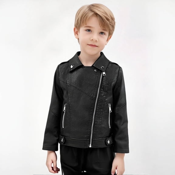 Boys Girls Jacket PU Leather Zipper Stylish Motorcycle Biker Jackets Cold Weather Long Sleeve Windproof Warm Winter Indoor Outdoor Rain Outside Jacket Black 13-14 Years