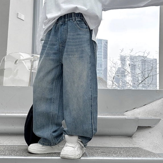 Boys Girls Jeans Cargo Pants Baggy Wide Leg High Elastic Waistband Kids Straight Denim Pant with Pockets Youth Blue B 7-8 Years