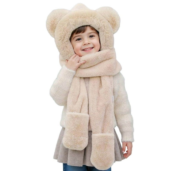 Boys Girls Kids' 3-Piece Winter Set - Fleece Fuzzy Bear-Ear Beanie, Long Scarf & Gloves Sets Cute Warm All-in-One Accessories