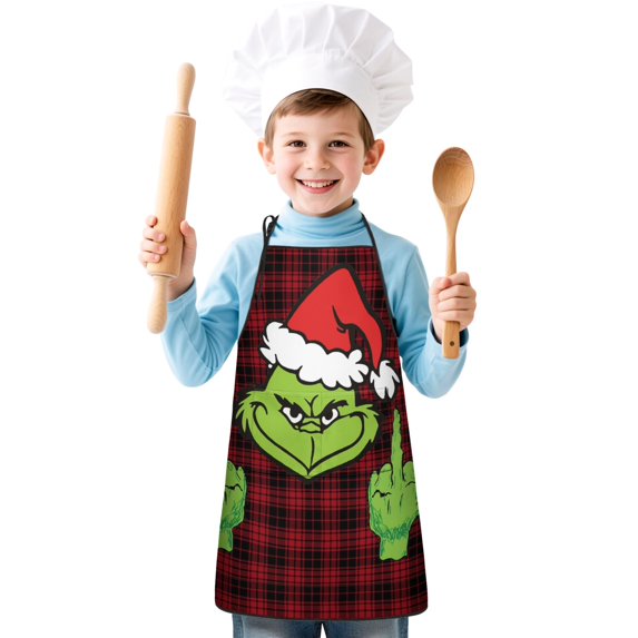 Boys Girls Kids Apron with Pocket,Grinchmas Christmas Adjustable Child Neck Strap and Bib Funny Aprons Kitchen Toddler Aprons for Cooking Baking