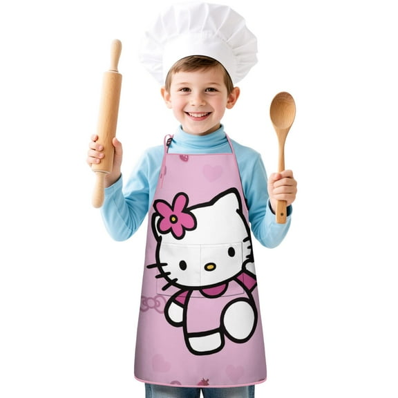 Boys Girls Kids Apron with Pocket,Hello Kawaii Cat Cute Adjustable Child Neck Strap and Bib Funny Aprons Kitchen Toddler Aprons for Cooking Baking