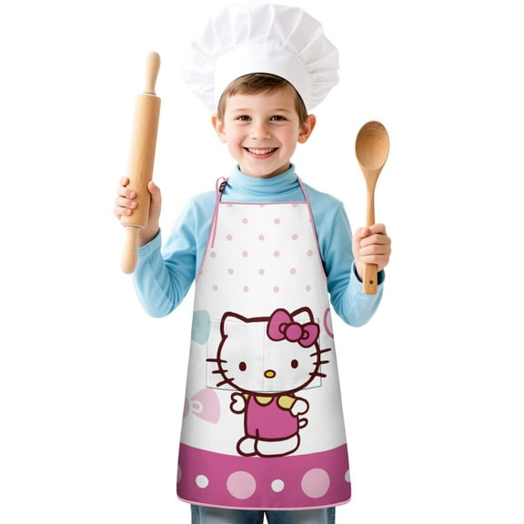 Boys Girls Kids Apron with Pocket,Hello Kawaii Cat Cute Adjustable Child Neck Strap and Bib Funny Aprons Kitchen Toddler Aprons for Cooking Baking