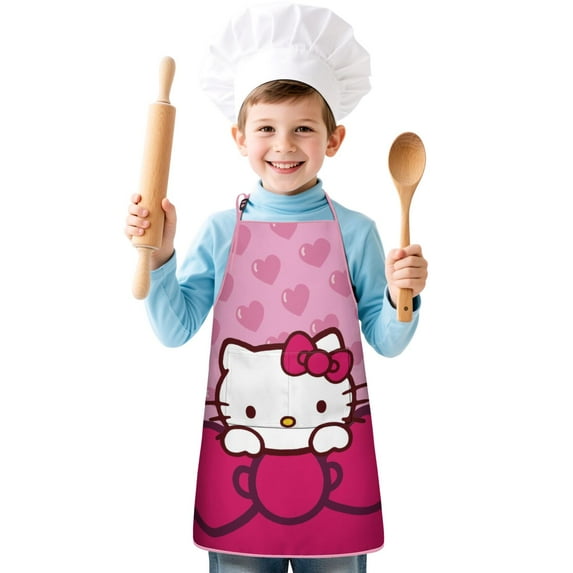 Boys Girls Kids Apron with Pocket,Hello Kawaii Cat Cute Adjustable Child Neck Strap and Bib Funny Aprons Kitchen Toddler Aprons for Cooking Baking