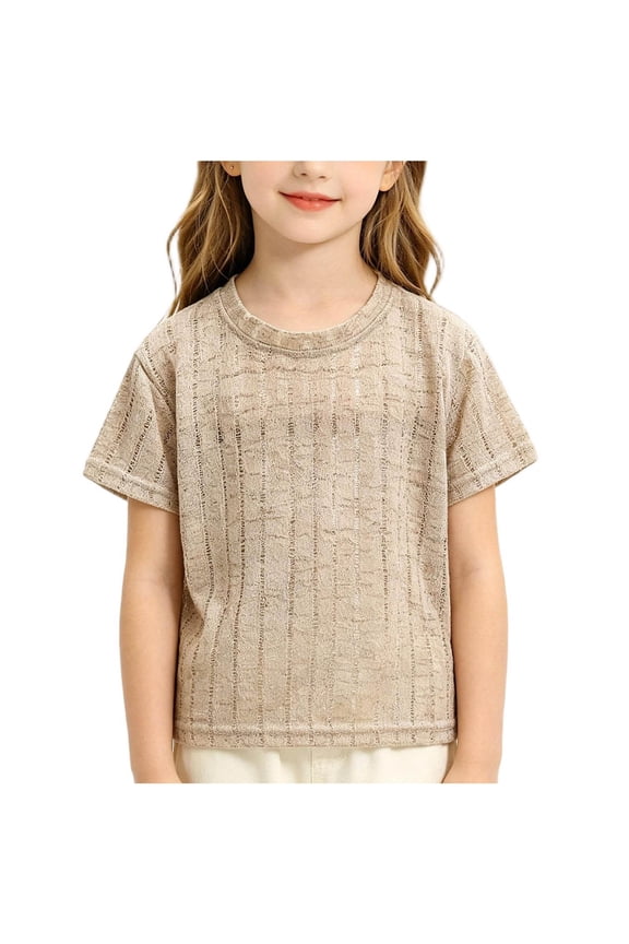Boys Girls Kids Breathable Openwork Knit T-Shirt, Short Sleeve Crew Neck Summer Top for 1-10 Years Old, Lightweight Casual & Play Wear Khaki 7 Years