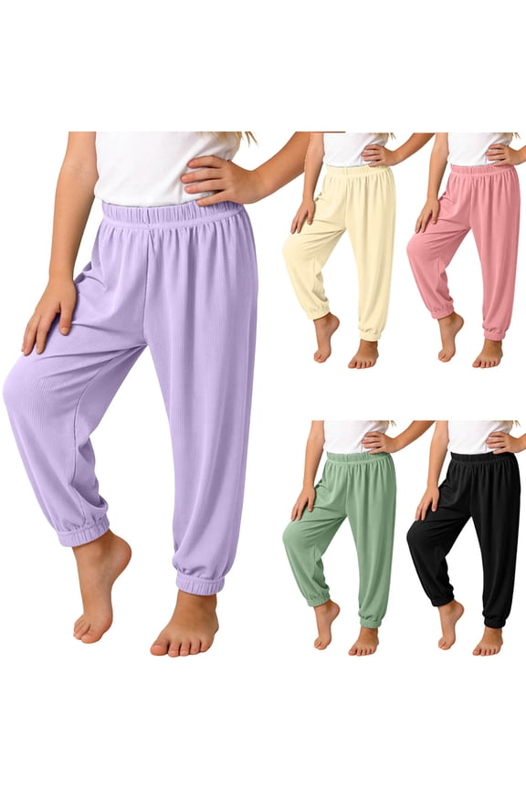 Boys Girls Kids Cooling Ice Silk Ribbed Jogger Pants, Elastic Waist Solid Color Summer Casual Pants for 3-13 Years Old, Breathable Daily Wear Yellow 12-13 Years(12 Years)