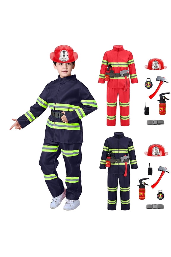 Boys Girls Kids Firefighter Set With Helmet And Accessories Pretend Play Dress Up for Child Party Performance Wear Stylish Outfit