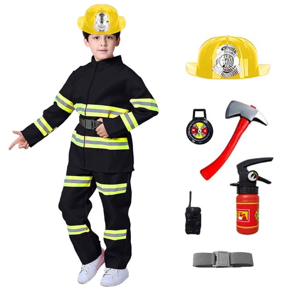 Boys Girls Kids Firefighter Set With Helmet And Accessories Pretend Play Dress Up for Child Party Performance Wear Stylish Outfit