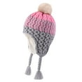 thumbnail image 1 of Boys Girls Kids' Fleece-Lined Beanie Winter Warm Earflap Hat with Pom-Pom and Drawstring, Color Block Thicken Knit Cap, 1 of 5