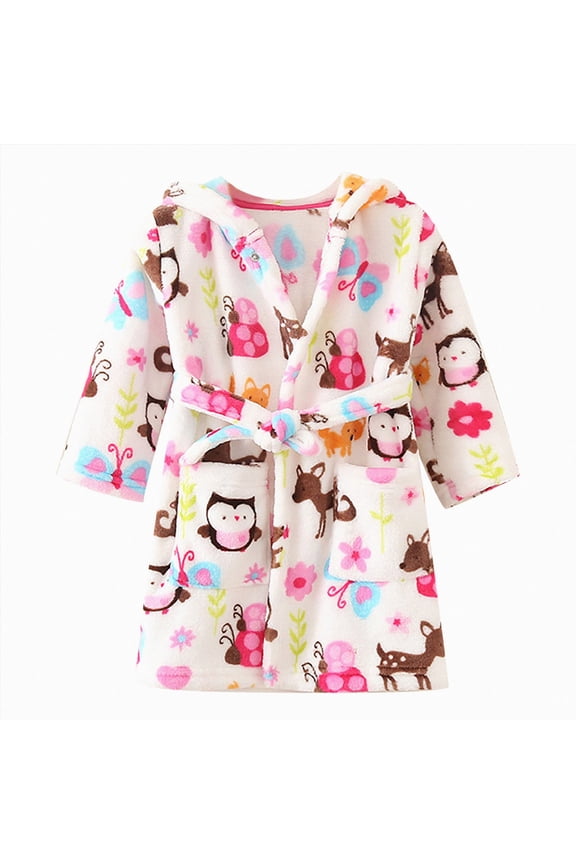 Boys Girls Kids Hooded Bathrobe,Soft Flannel Loungewear Robe with Adjustable Tie,Cartoon Print,for Toddlers to Kids 2-12 Years Toddler Pajamas Gibobby,Light Pink,Size 5-6T