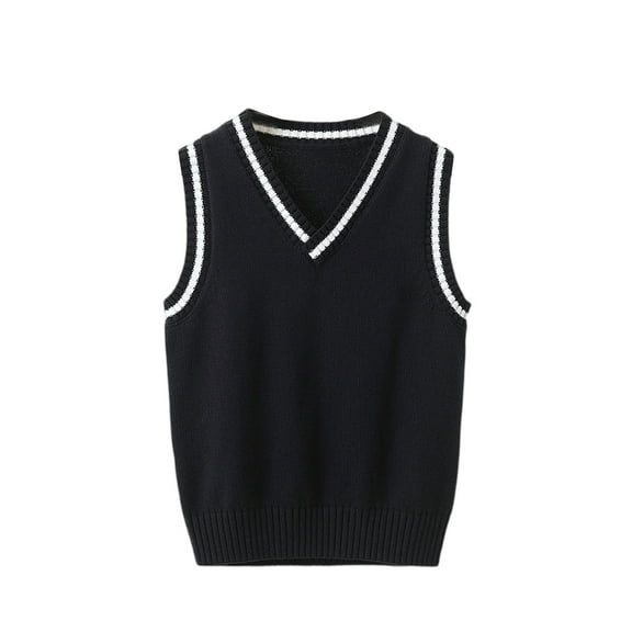 Boys Girls Knit Sweater Vest V-Neck Sleeveless Crop Top Pullover Waistcoat Uniform School Cardigan Navy 110
