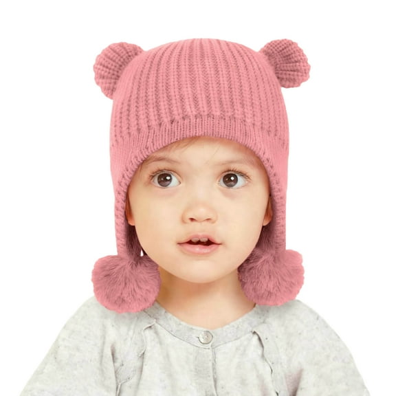 Boys Girls Knitted Beanie Kids' Winter Warm Earflap Hat with Double Pom-Poms & Bear Ears,Stretch Cute Beanie