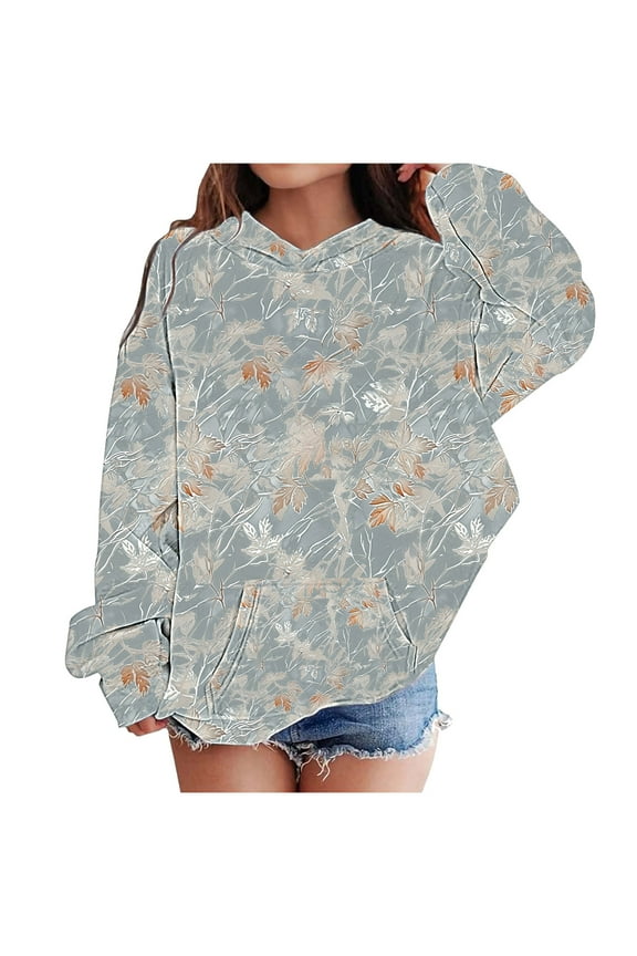 Boys Girls Leaf-Print Hooded Sweatshirt Tween Long-Sleeve Loose Fit Hoodie Casual Pullover Top for Fall Outings & Trips